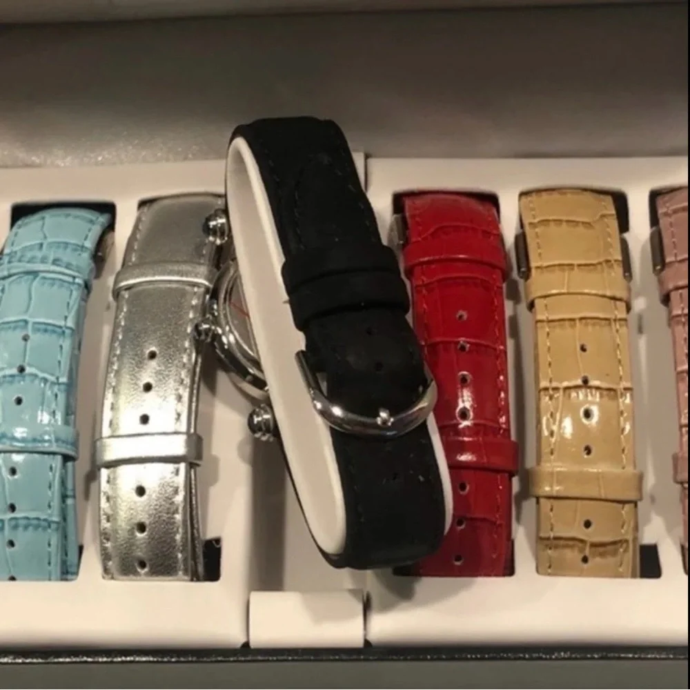 REAL COLLECTIBLES BY ADRIENNE WATCH SET CRYSTAL BEZEL & 7 COLORFUL BANDS - NIB